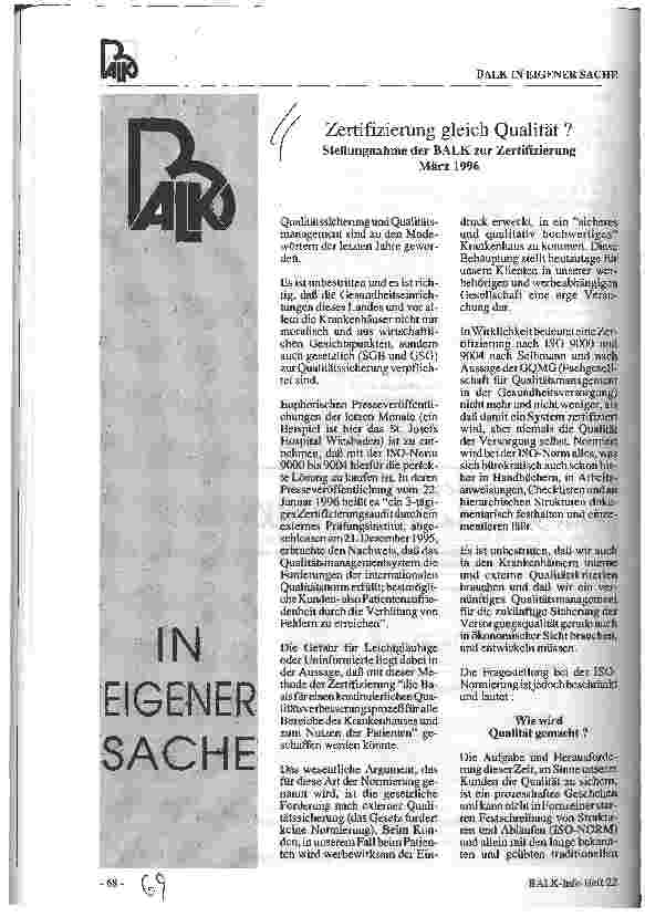 Vorschauseite 1: Zertifizierung gleich Qualität? Stellungnahme der Balk zur Zertifizierung März 1996