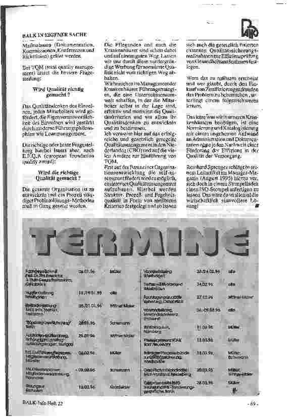 Vorschauseite 2: Zertifizierung gleich Qualität? Stellungnahme der Balk zur Zertifizierung März 1996