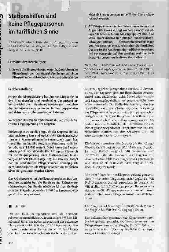 Vorschauseite 1: Stationshilfen sind keine Pflegepersonen im tariflichen Sinne