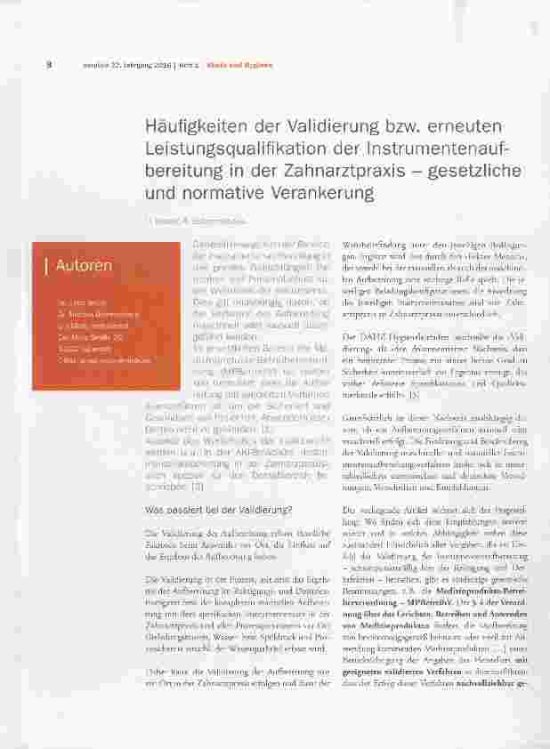 Vorschauseite 1: Häufigkeiten der Validierung bzw. erneuten Leistungsqualifikation der instrumentenaufbereitung in der Zahnarztpraxis gesetziiche und normative Verankerung