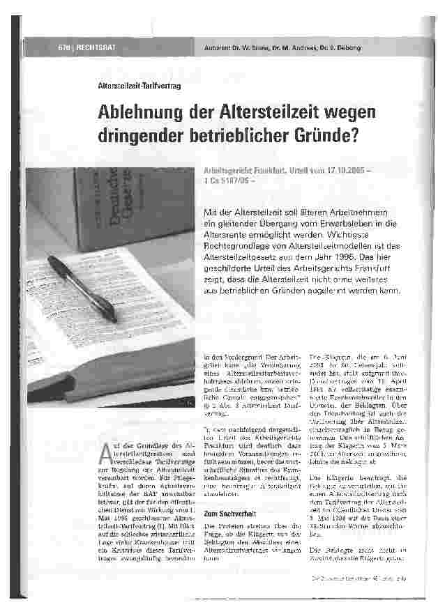 Vorschauseite 1: Ablehnung der Altersteilzeit wegen dringender betrieblicher Gründe?