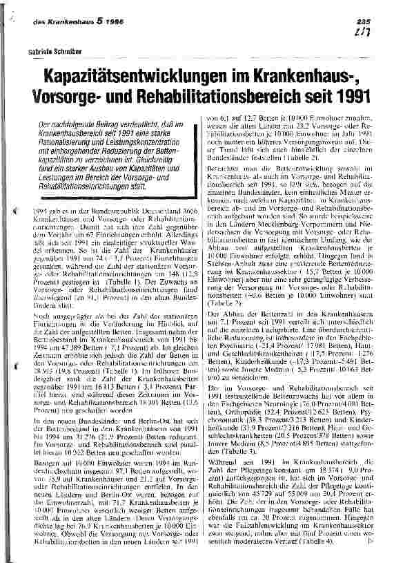Vorschauseite 1: Kapazitätsentwicklungen im Krankenhaus-, Vorsorgeund Rehabilitationsbereich seit 1991