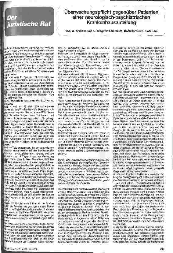 Vorschauseite 1: Überwachungspflicht gegenüber Patienten einer neurologischpsychiatrischen Krankenabteilung