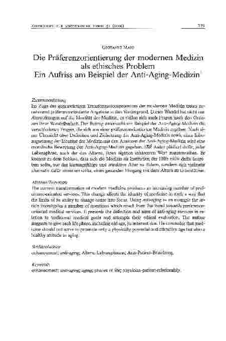 Vorschauseite 1: Die Präferenzorientierung der modernen Medizinals ethisches Problem. Ein Aufriss am Beispiel der Anti-Aging-Medizin