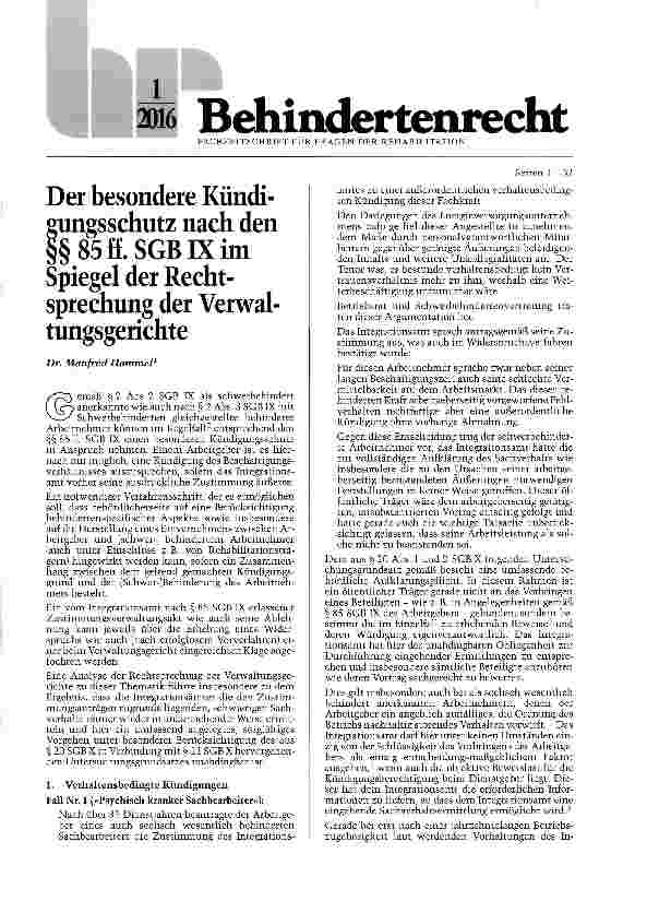Vorschauseite 1: Der besondere Kündigungsschutz nach den j§ 85 ff. SGBIX im Spiegel der Rechtsprechung der Verwaltungsgerichte