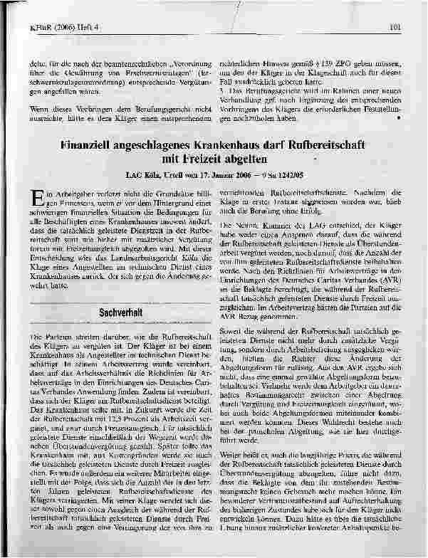 Vorschauseite 1: Finanziell angeschlagenes Krankenhaus darf Rufbereitschaftmit Freizeit abgelten