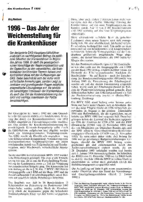 Vorschauseite 1: 1996 - Das Jahr der Weichenstellung für die Krankenhäuser
