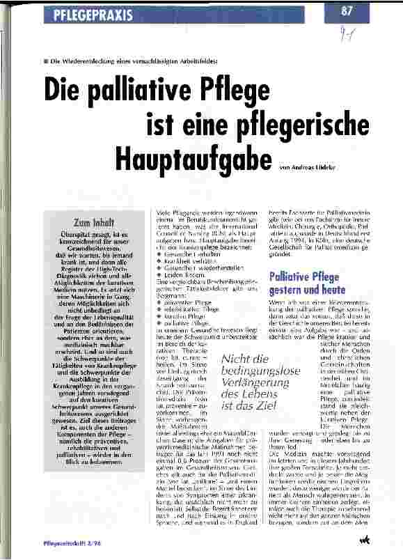 Vorschauseite 1: Die palliative Pflege ist eine pflegerische Hauptaufgabe Die Wiederentdeckung eines vernachlässigten Arbeitsfeldes