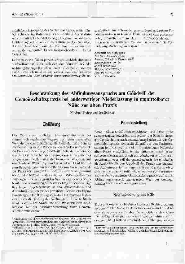 Vorschauseite 1: Beschränkung des Abfindungsanspruchs am Goodwill der Gemeinschaftspraxis bei anderweitiger Niederlassung in unmittelbarer Nähe zur alten Praxis