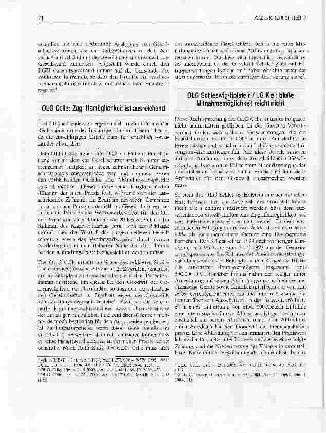 Vorschauseite 2: Beschränkung des Abfindungsanspruchs am Goodwill der Gemeinschaftspraxis bei anderweitiger Niederlassung in unmittelbarer Nähe zur alten Praxis
