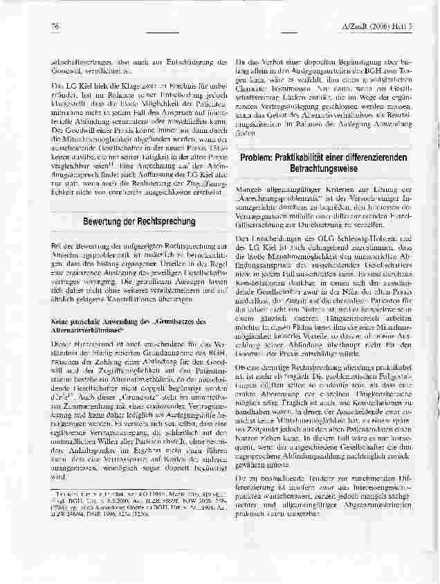 Vorschauseite 4: Beschränkung des Abfindungsanspruchs am Goodwill der Gemeinschaftspraxis bei anderweitiger Niederlassung in unmittelbarer Nähe zur alten Praxis