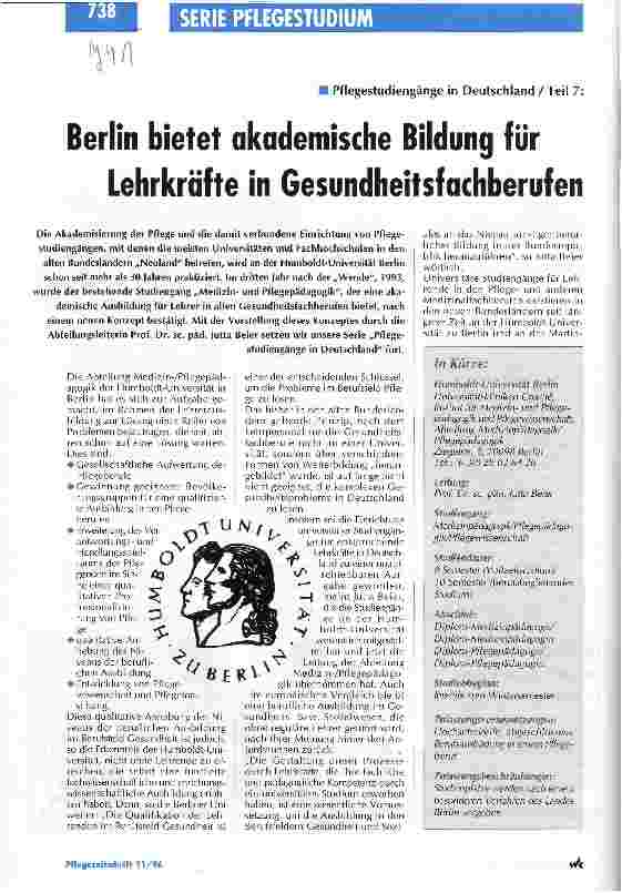 Vorschauseite 1: Berlin bietet akademische Bildung für Lehrkräfte in Gesundheitsfachberufen Pflegestudiengänge in Deutschland / Teil 7