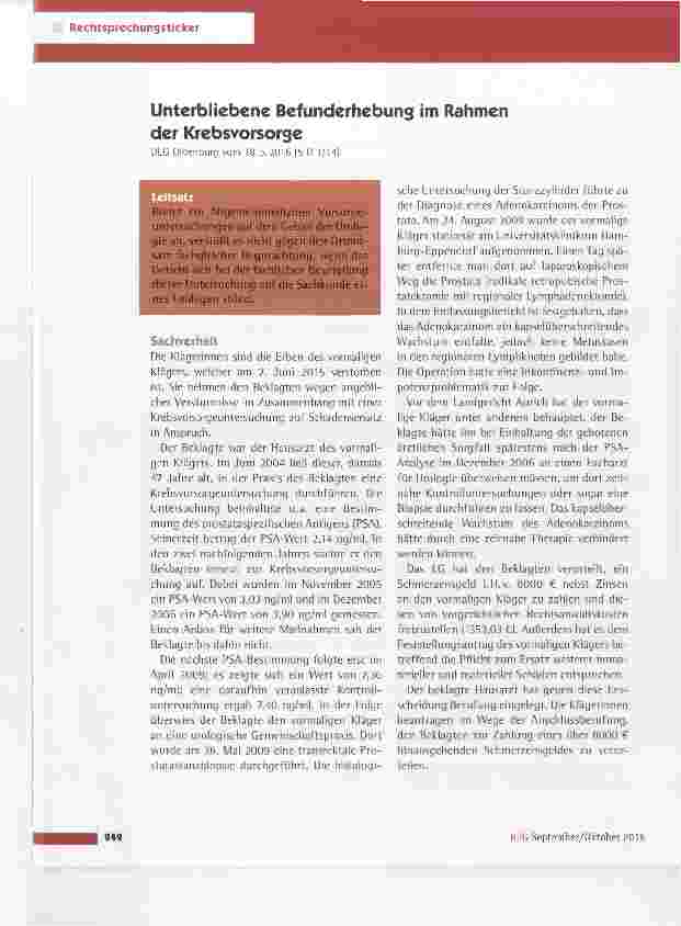 Vorschauseite 1: Unterbliebene Befunderhebung im Rahmen der Krebsvorsorge OLG Oldenburg vom 18.5.2016 (5 U 1/14)