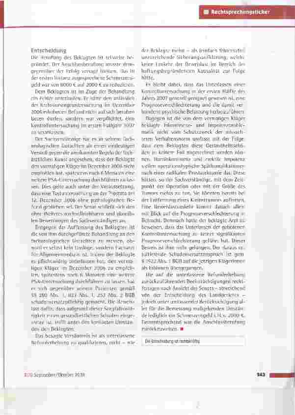 Vorschauseite 2: Unterbliebene Befunderhebung im Rahmen der Krebsvorsorge OLG Oldenburg vom 18.5.2016 (5 U 1/14)