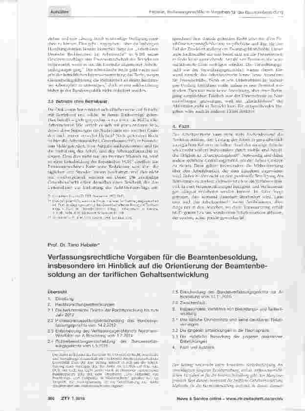 Vorschauseite 1: Verfassungsrechtliche Vorgaben für die Beamtenbesoldung, insbesondere im Hinblick auf die Orientierung der Beamtenbesoldung an der tariflichen Gehaltsentwicklung