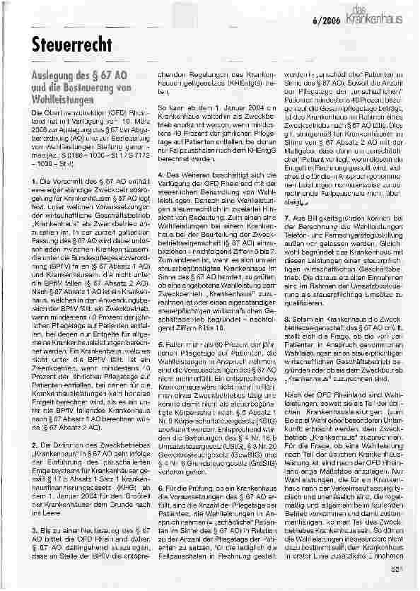 Vorschauseite 1: Steuerrecht - Auslegung des § 67 AO und die Besteuerung von Wahlleistungen