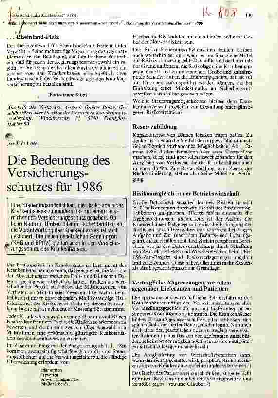 Vorschauseite 1: Die Bedeutung des Versicherungsschutzes für 1986