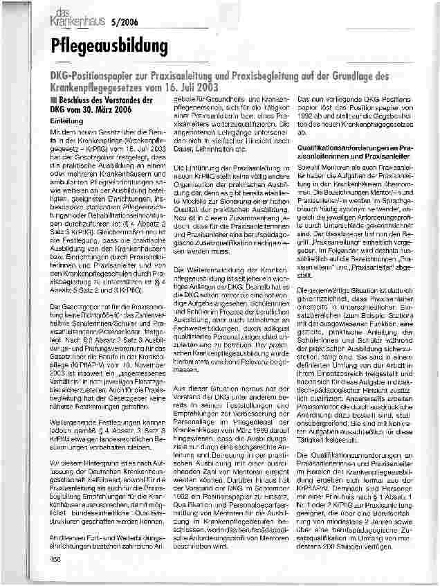 Vorschauseite 1: Pflegeausbildung- DKG-Positionspapier zur Praxisanleitung und Praxisbegleitung auf der Grundlage des Krankenpflegegesetzes vom 16. Juli 2003