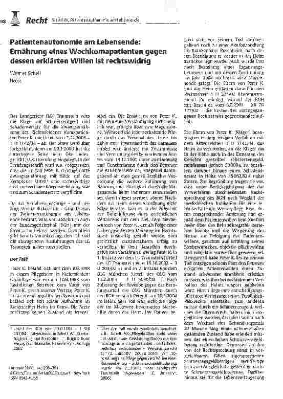 Vorschauseite 1: Patientenautonomie am Lebensende: Ernährung eines Wachkomapatienten gegen dessen erklärten Willen ist rechtswidrig