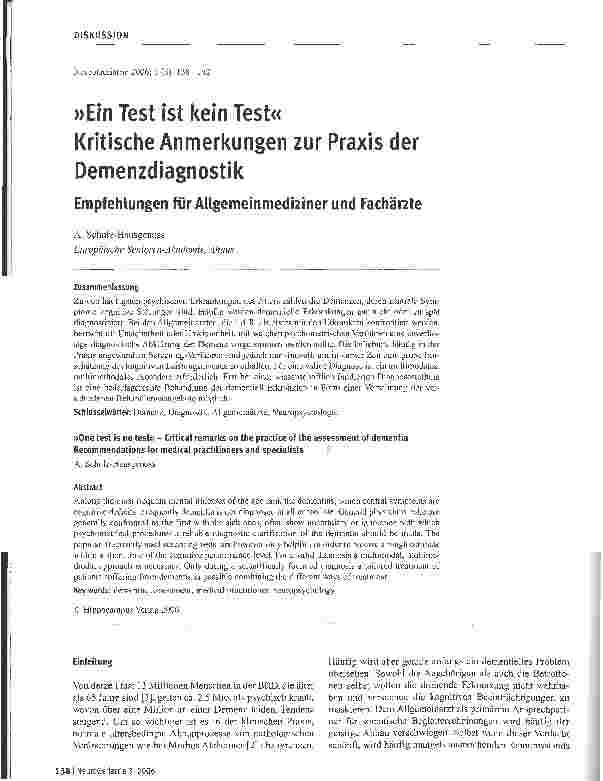 Vorschauseite 1: Ein Test ist kein Test - Kritische Anmerkungen zur Praxis der Demenzdiagnostik - Empfehlungen für Allgemeinmediziner und Fachärzte