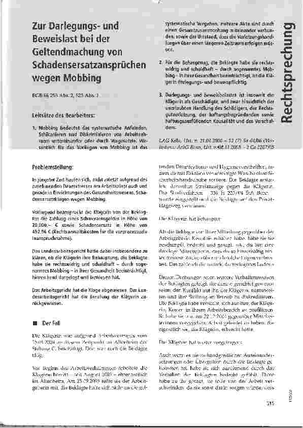 Vorschauseite 1: Zur Darlegungsund Beweislast bei der Geltendmachung von Schadensersatzansprüchen wegen Mobbing
