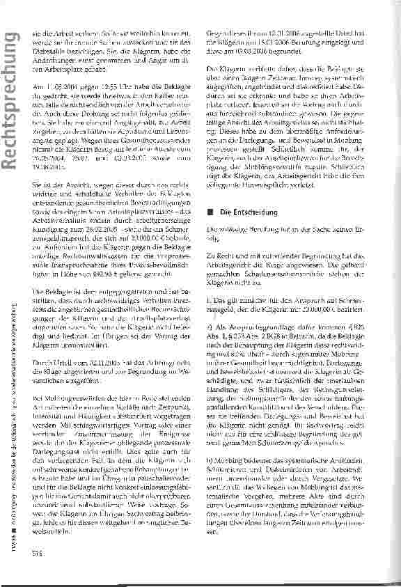 Vorschauseite 2: Zur Darlegungsund Beweislast bei der Geltendmachung von Schadensersatzansprüchen wegen Mobbing