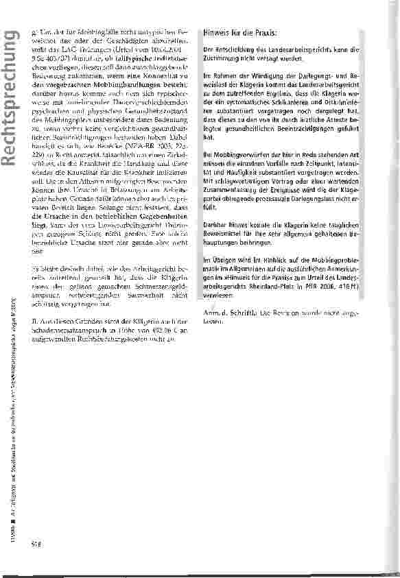 Vorschauseite 4: Zur Darlegungsund Beweislast bei der Geltendmachung von Schadensersatzansprüchen wegen Mobbing