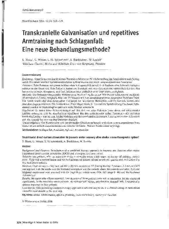 Vorschauseite 1: Transkranielle Galvanisation und repetitives Armtraining nach Schlaganfall: Eine neue Behandlungsmethode?