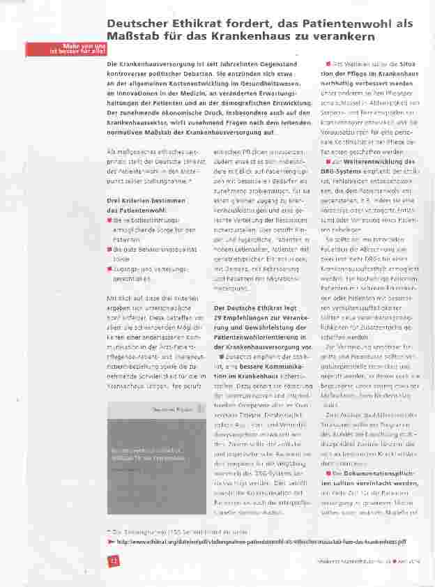 Vorschauseite 1: Deutscher Ethikrat fordert, das Patientenwohl als Maßstab für das Krankenhaus zu verankern