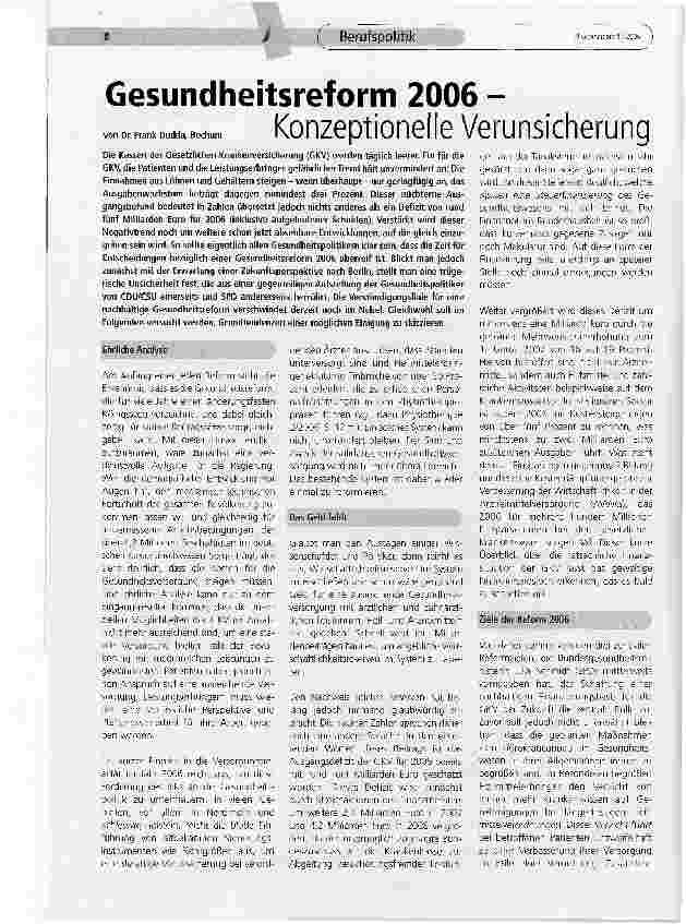 Vorschauseite 1: Gesundheitsreform 2006 - Konzeptionelle Verunsicherung