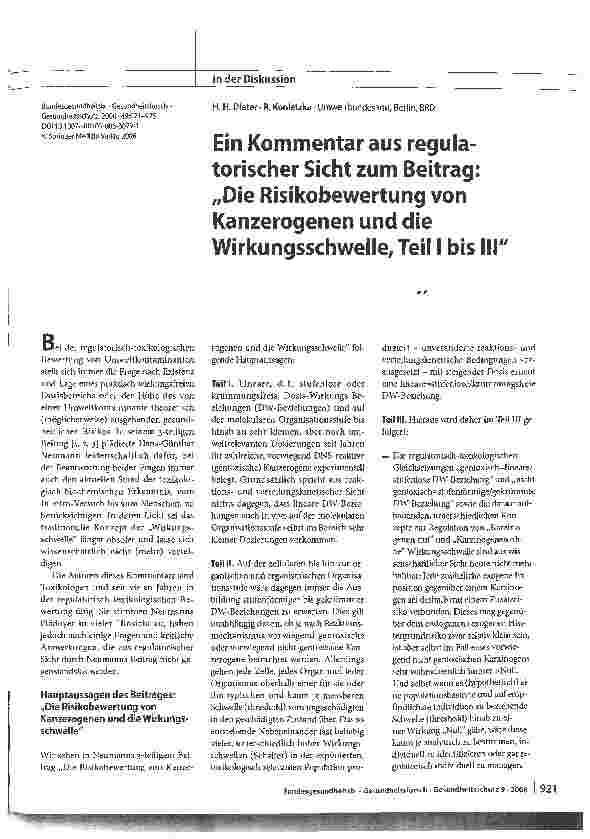 Vorschauseite 1: Ein Kommentar aus regulatorischer Sicht zum Beitrag: Die Risikobewertung von Kanzerogenen und die Wirkungsschwelle, Teil I bis III