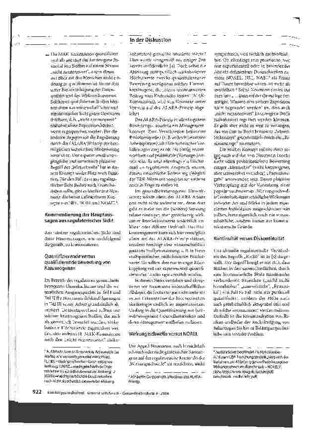Vorschauseite 2: Ein Kommentar aus regulatorischer Sicht zum Beitrag: Die Risikobewertung von Kanzerogenen und die Wirkungsschwelle, Teil I bis III