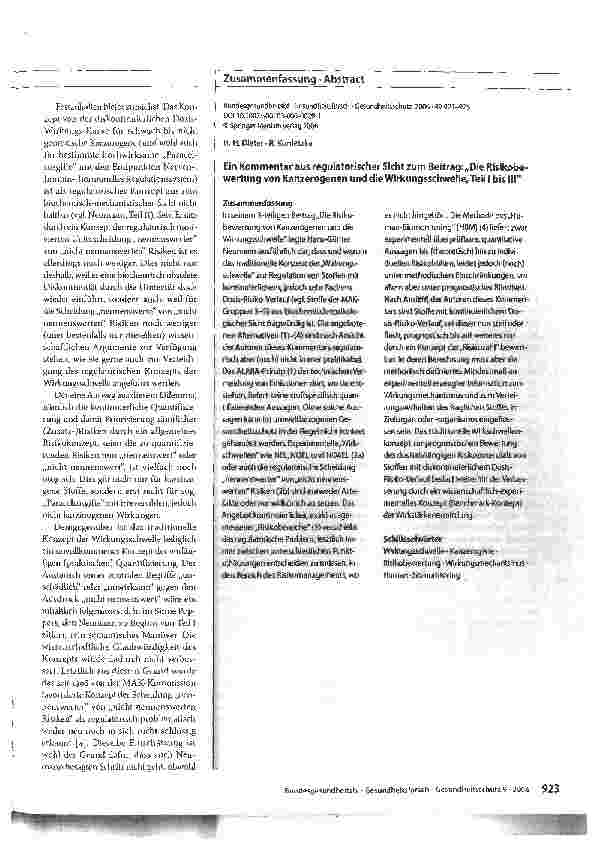 Vorschauseite 3: Ein Kommentar aus regulatorischer Sicht zum Beitrag: Die Risikobewertung von Kanzerogenen und die Wirkungsschwelle, Teil I bis III