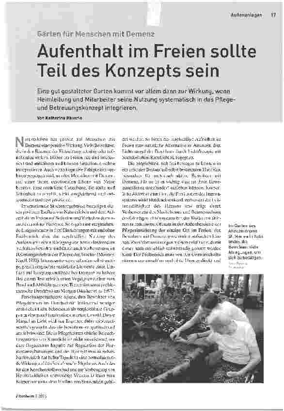 Vorschauseite 1: Aufenthalt im Freien sollte Teil des Konzepts seinGärten für Menschen mit Demenz