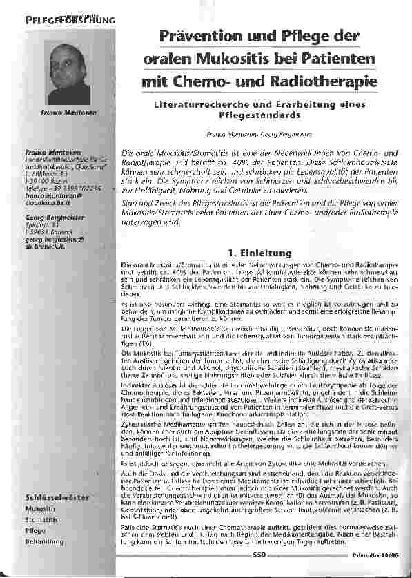 Vorschauseite 1: Prävention und Pflege der oralen Mukositis bei Patienten mit Chemound Radiotherapie. Literaturrecherche und Erarbeitung eines Pflegestandards