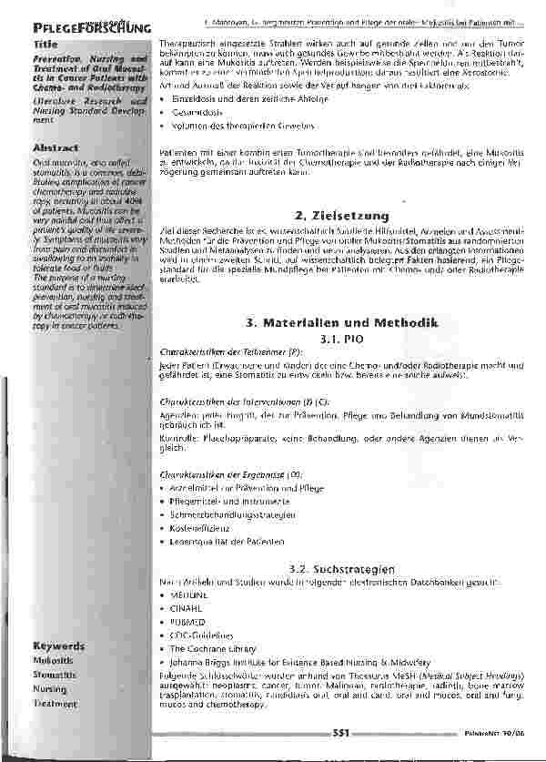 Vorschauseite 2: Prävention und Pflege der oralen Mukositis bei Patienten mit Chemound Radiotherapie. Literaturrecherche und Erarbeitung eines Pflegestandards