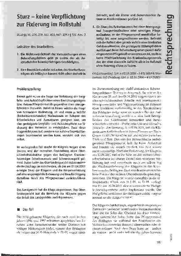 Vorschauseite 1: Sturz - keine Verpflichtung zur Fixierung im Rollstuhl