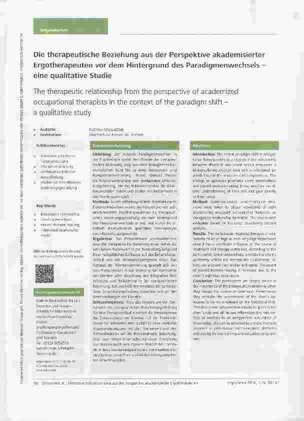 Vorschauseite 1: Die therapeutische Beziehung aus der Perspektive akademisierter Ergotherapeuten vor dem Hintergrund des Paradigmenwechsels eine qualitative Studie