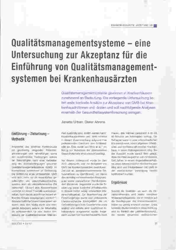 Vorschauseite 1: Qualitätsmanagementsysteme eine Untersuchung zur Akzeptanz für die Einführung von Qualitätsmanagementsystemen bei Krankenhausärzten