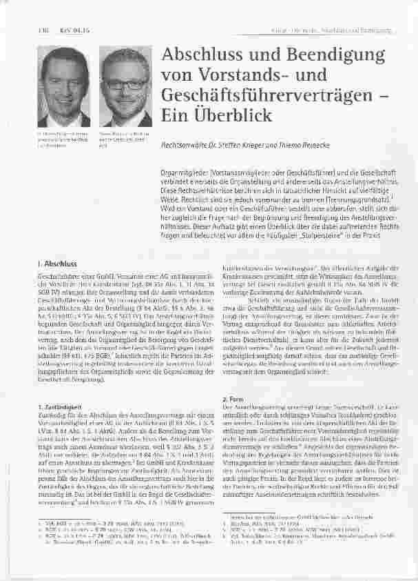 Vorschauseite 1: Abschluss und Beendigung von Vorstandsund Geschäftsführerverträgen Ein Überblick