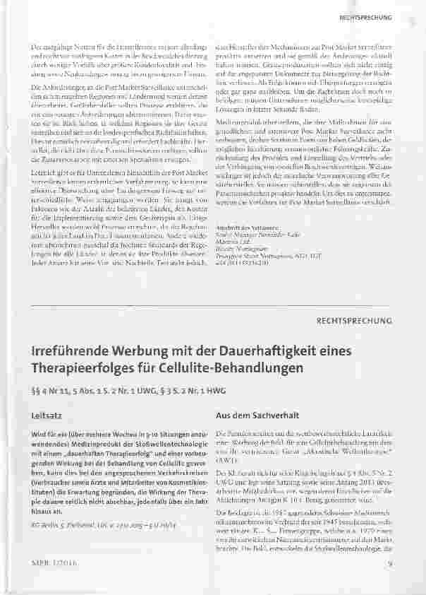 Vorschauseite 1: Irreführende Werbung mit der Dauerhaftigkeit eines Therapieerfolges für Cellulite-Behandlungen