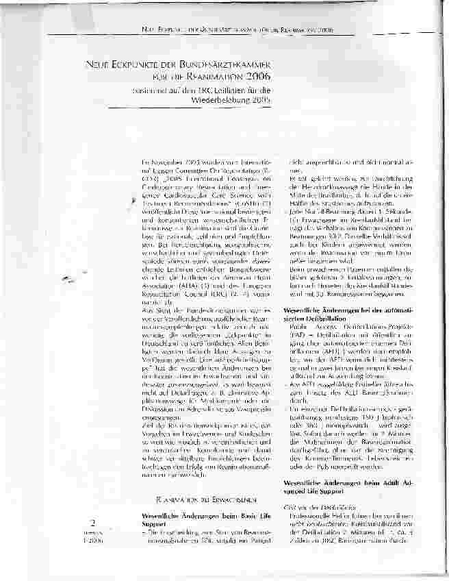 Vorschauseite 1: NEUE ECKPUNKTE DER BUNDESÄRZTEKAMMER FÜR DIE REANIMATION 2006basierend auf den ERC-Leitlinien für die Wiederbelebung 2005