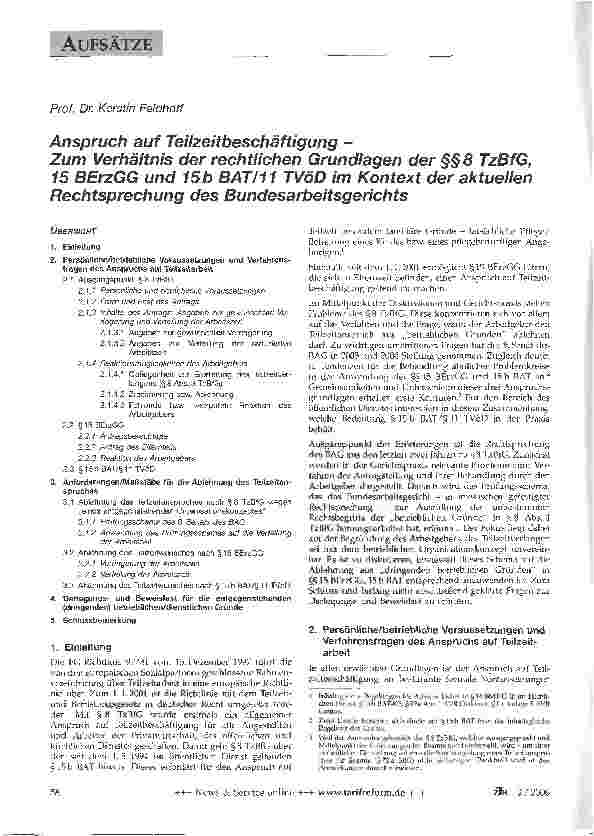 Vorschauseite 1: Anspruch auf Teilzeitbeschäftigung -Zum Verhältnis der rechtlichen Grundlagen der §§8 TzBfG, 15 BErzGG und 15b BAT/11 TVöD im Kontext der aktuellen Rechtsprechung des Bundesarbeit…