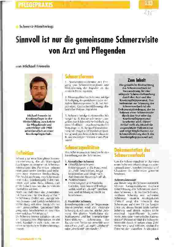 Vorschauseite 1: Sinnvoll ist nur die gemeinsame Schmerzvisite von Arzt und Pflegenden Schmerz-Monitoring