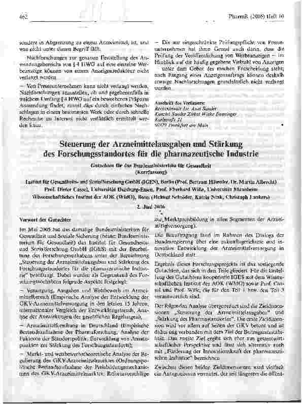 Vorschauseite 1: Steuerung der Arzneimittelausgaben und Stärkung des Forschungsstandortes für die pharmazeutische Industrie