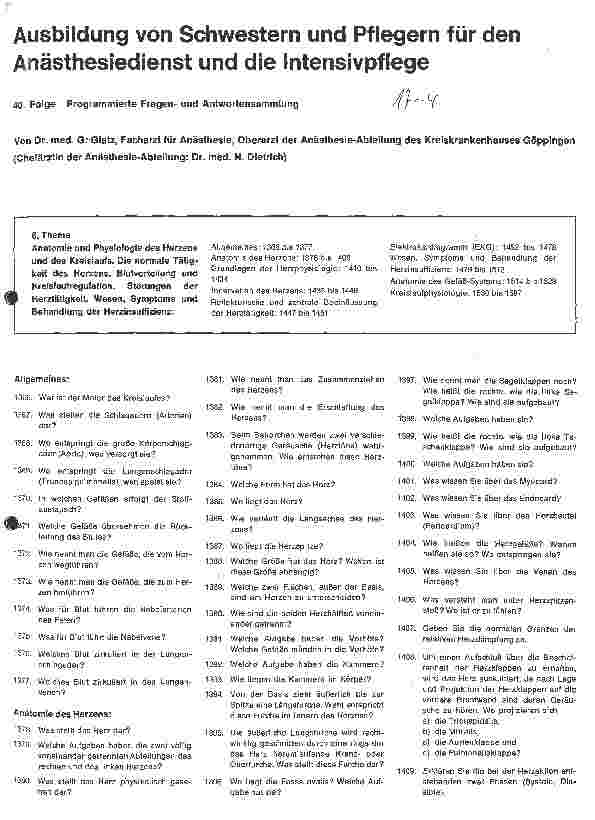 Vorschauseite 1: Ausbildung von Schwestern und Pflegern für den Anästhesiedienst und die Intensivpflege // 40. Folge: Programmierte Fragenu. Antwortsammlung