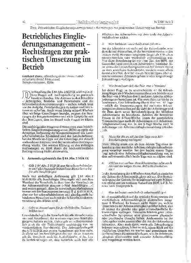 Vorschauseite 1: Betriebliches Eingliederungsmanagement - Rechtsfragen zur praktischen Umsetzung im Betrieb