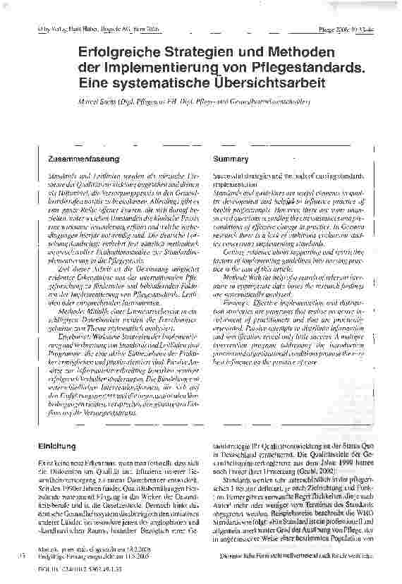 Vorschauseite 1: Erfolgreiche Strategien und Methoden der Implementierung von Pflegestandards Eine systematische Übersichtsarbeit