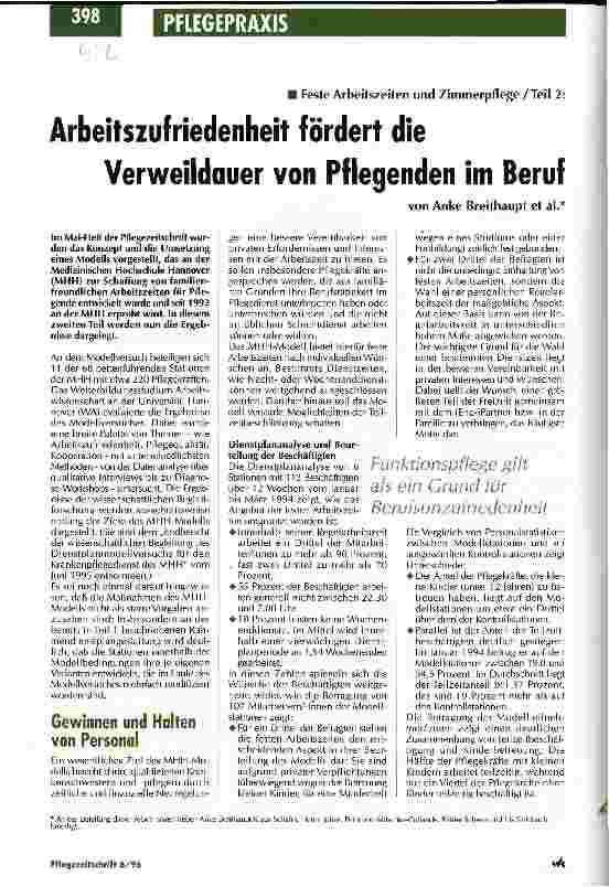 Vorschauseite 1: Arbeitszufriedenheit fördert die Verweildauer von Pflegenden im Beruf Feste Arbeitszeiten und Zimmerpflege/Teil 2