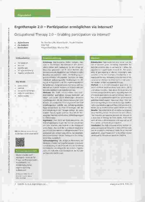 Vorschauseite 1: Ergotherapie 2.0 Partizipation ermöglichen via Internet?